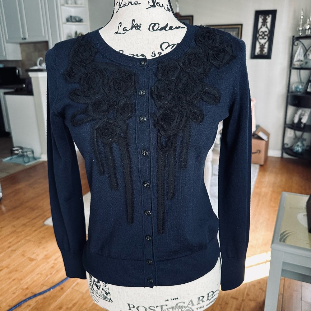Ann Taylor Elegant Navy Blue Sweater with Black Ribbon Detailing
